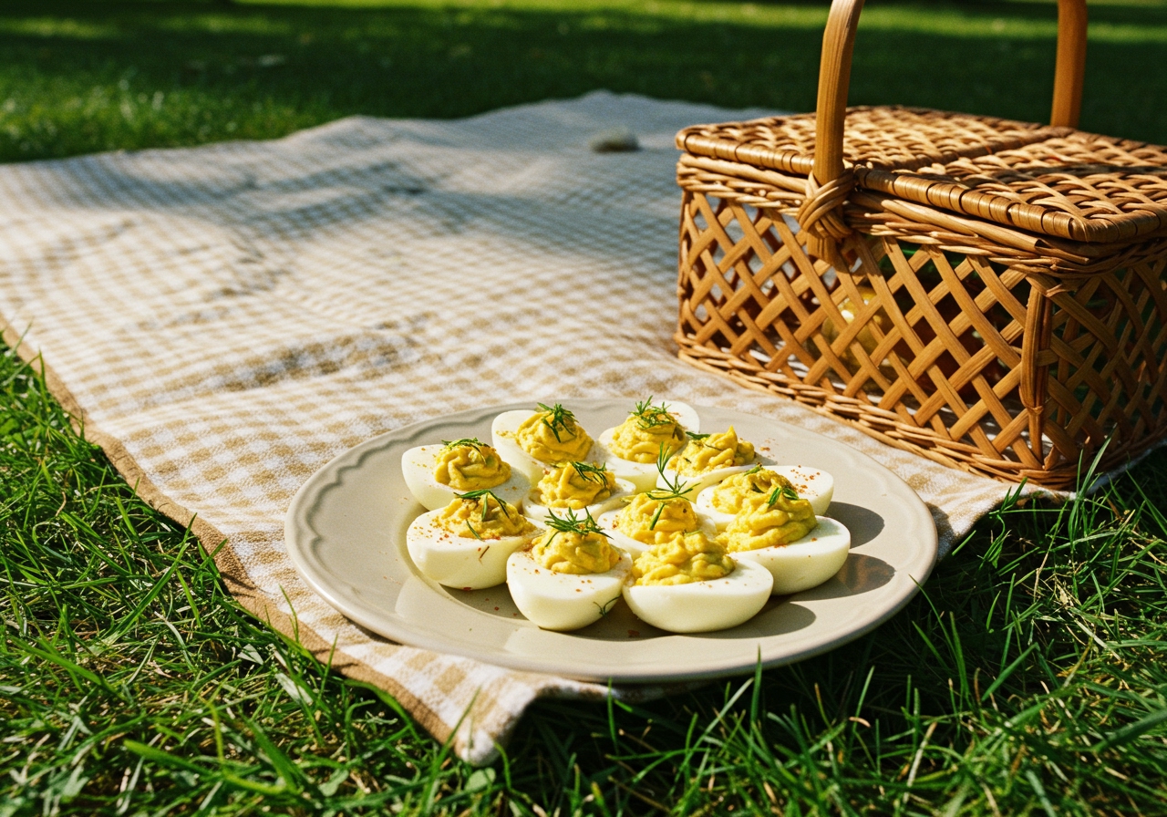 A plate of deviled eggs arranged on a picnic blanket outdoors, next to a basket.