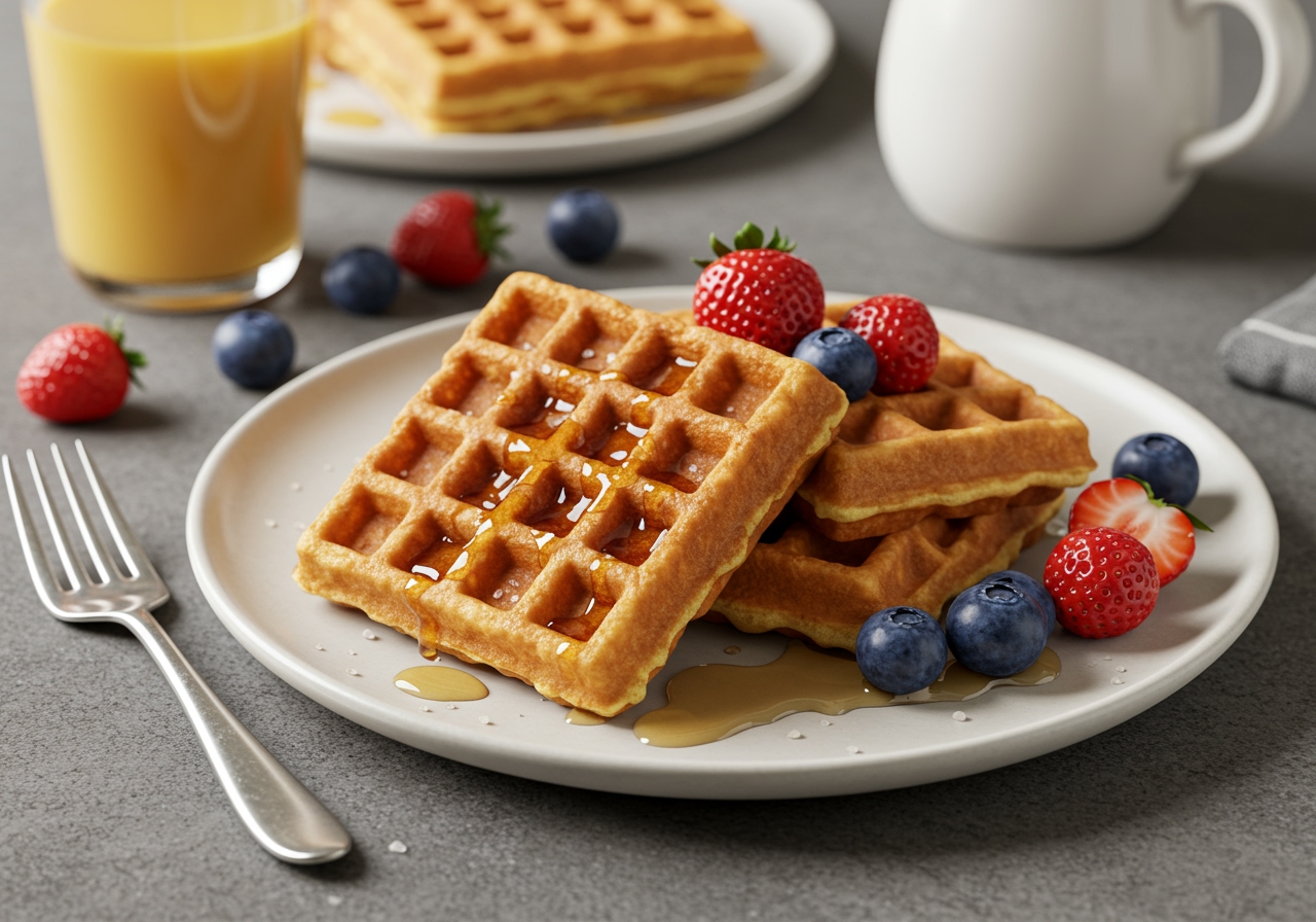 A plate of fluffy Belgian Liege waffles, golden brown, with pearl sugar caramelized on the surface, served with fresh berries and a drizzle of maple syrup. The background is a cozy breakfast setting.