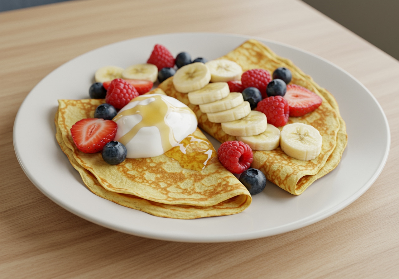 A plate of fluffy, healthy crepes topped with fresh berries, sliced banana, and a dollop of Greek yogurt, with a drizzle of maple syrup, on a light wooden table.