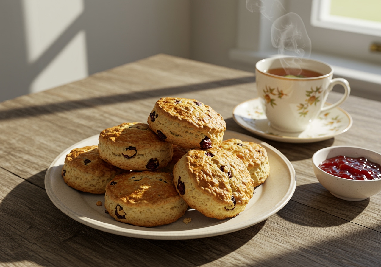 A plate of freshly baked currant scones served with a cup of herbal tea and a small bowl of sugar-free fruit jam, arranged on a rustic wooden table.