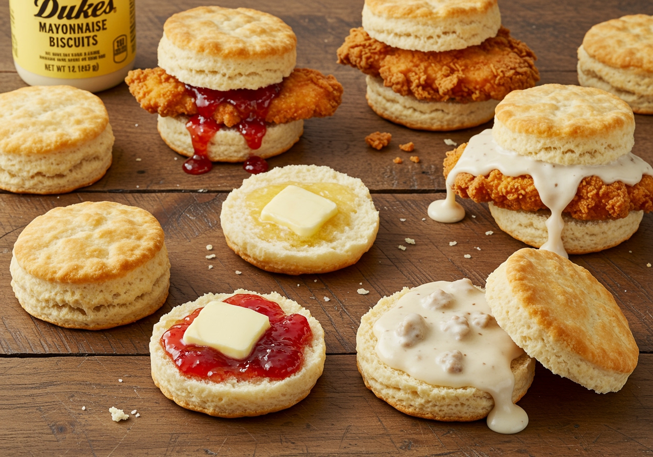 A plate of freshly baked Duke's mayonnaise biscuits, some split open with butter and jam, others with savory fillings like fried chicken or sausage gravy, showcasing versatile serving options.