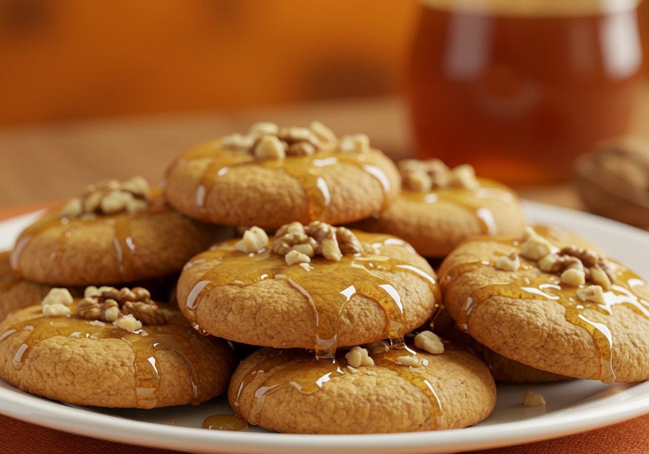 A plate of freshly baked Finikia cookies, soaked in honey syrup and garnished with chopped walnuts, set against a festive, warm background