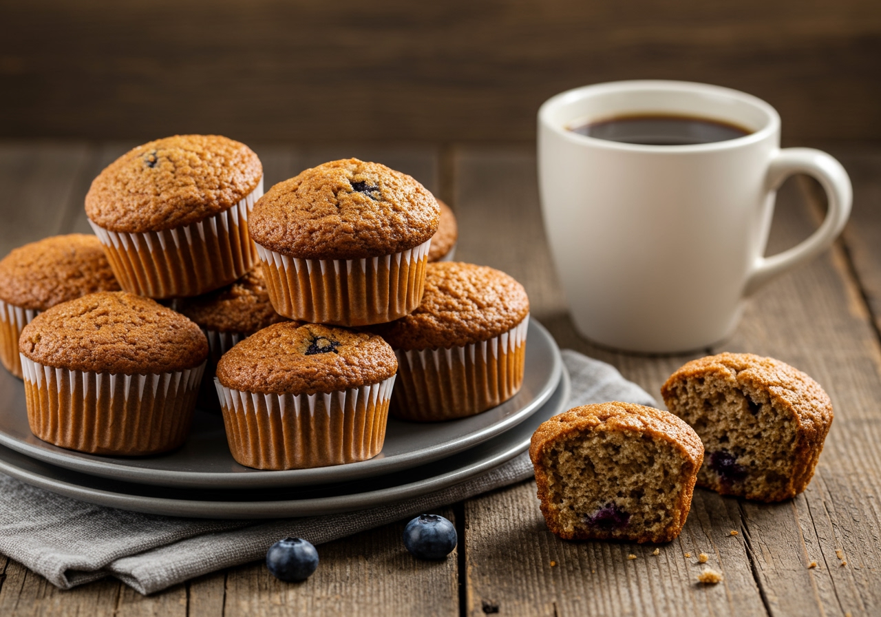 A plate of freshly baked, golden brown bran muffins, some with blueberries visible, on a rustic wooden table with a cup of coffee. Warm and inviting light, creating a cozy morning atmosphere.