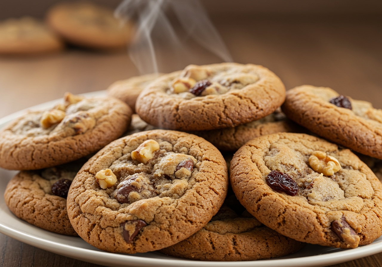 A plate of freshly baked, golden-brown chocolate chip cookies made from a jar mix, some with added nuts and dried fruit. Steam is lightly rising from them.