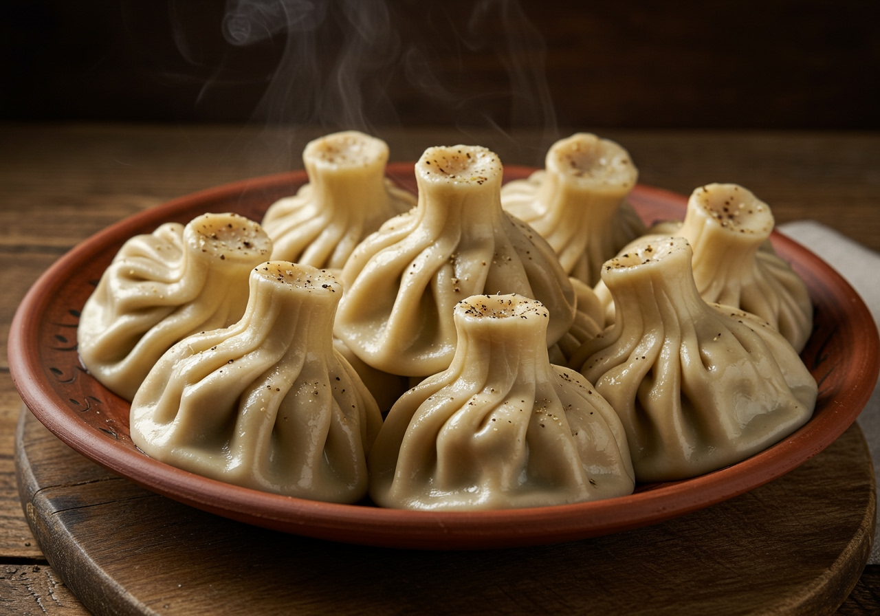 A plate of freshly boiled khinkali, steamy and plump, with a sprinkle of black pepper, ready to be eaten by hand.