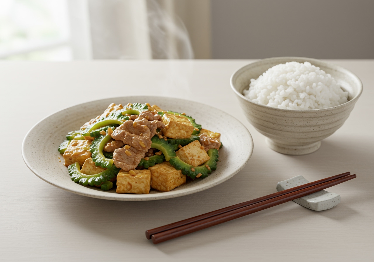 A plate of freshly cooked Goya Champuru served with a bowl of white rice and chopsticks.