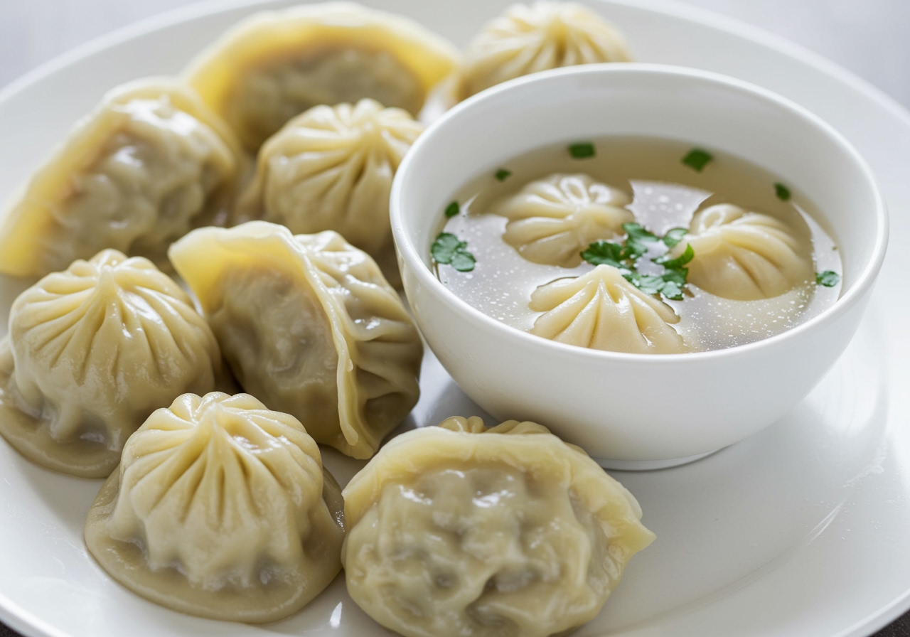 A plate of freshly made Chinese egg dumplings, perhaps some steamed and some in a small bowl of soup