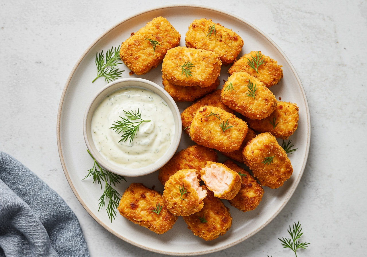 A plate of golden brown, crispy air fryer salmon nuggets arranged appealingly, possibly with a small bowl of dipping sauce next to it.