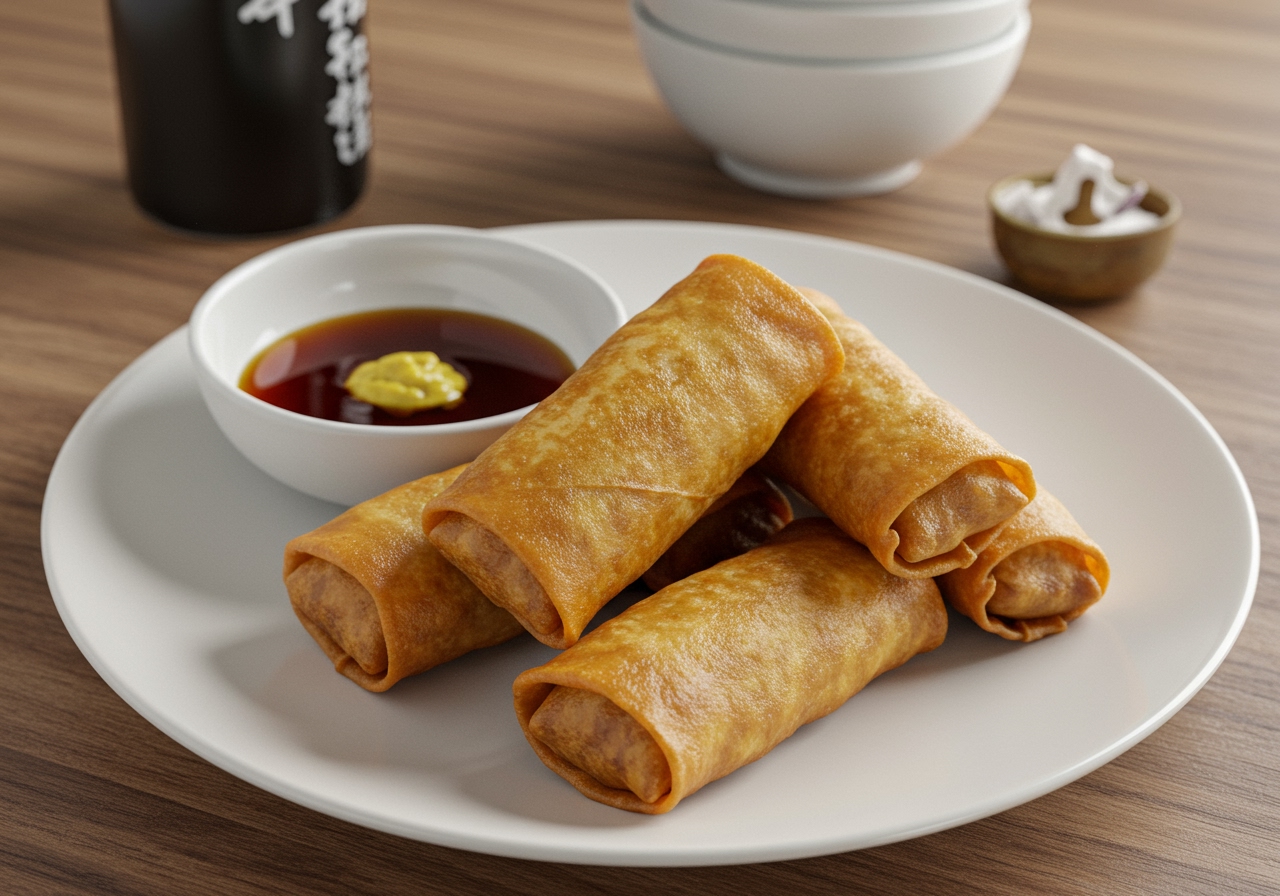A plate of golden brown, crispy fried spring rolls served with a small dish of dipping sauce, maybe karashi mustard and soy sauce mix, on a Japanese-style table setting.