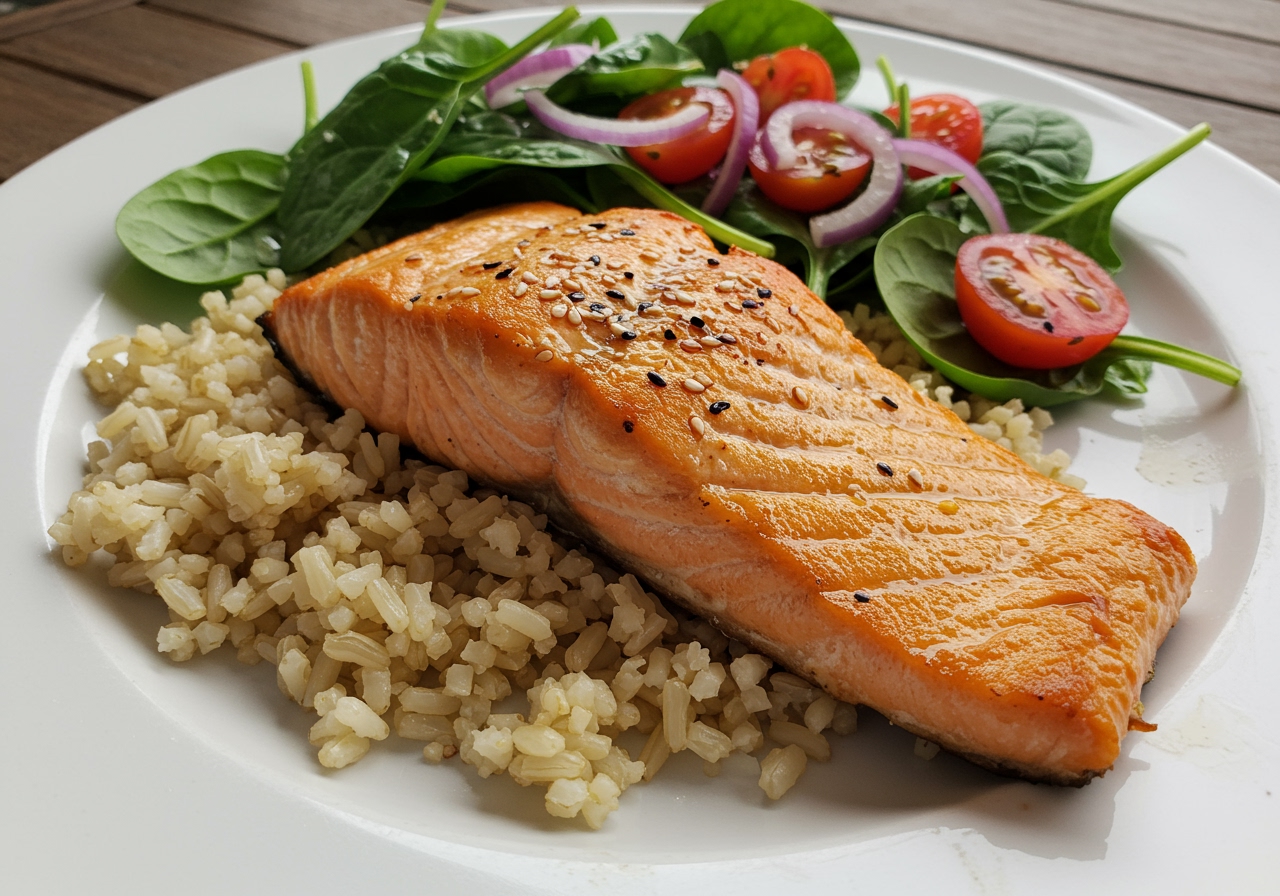 A plate of grilled salmon with a small portion of brown rice and a side of spinach salad