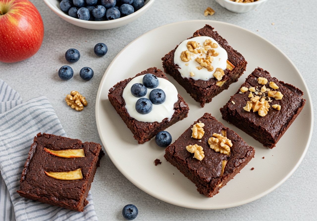 A plate of healthy apple brownies, one with a scoop of Greek yogurt and a few fresh blueberries, another with a sprinkle of chopped walnuts, and the third plain, artfully arranged.