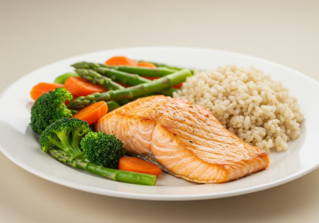 A plate of healthy grilled salmon with steamed vegetables and brown rice, emphasizing a balanced meal