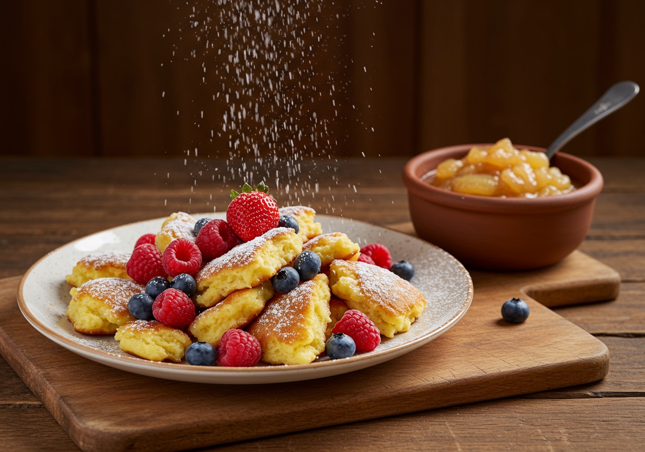 A plate of Kaiserschmarrn topped with fresh berries and a light dusting of powdered sugar, served with a side of apple compote.