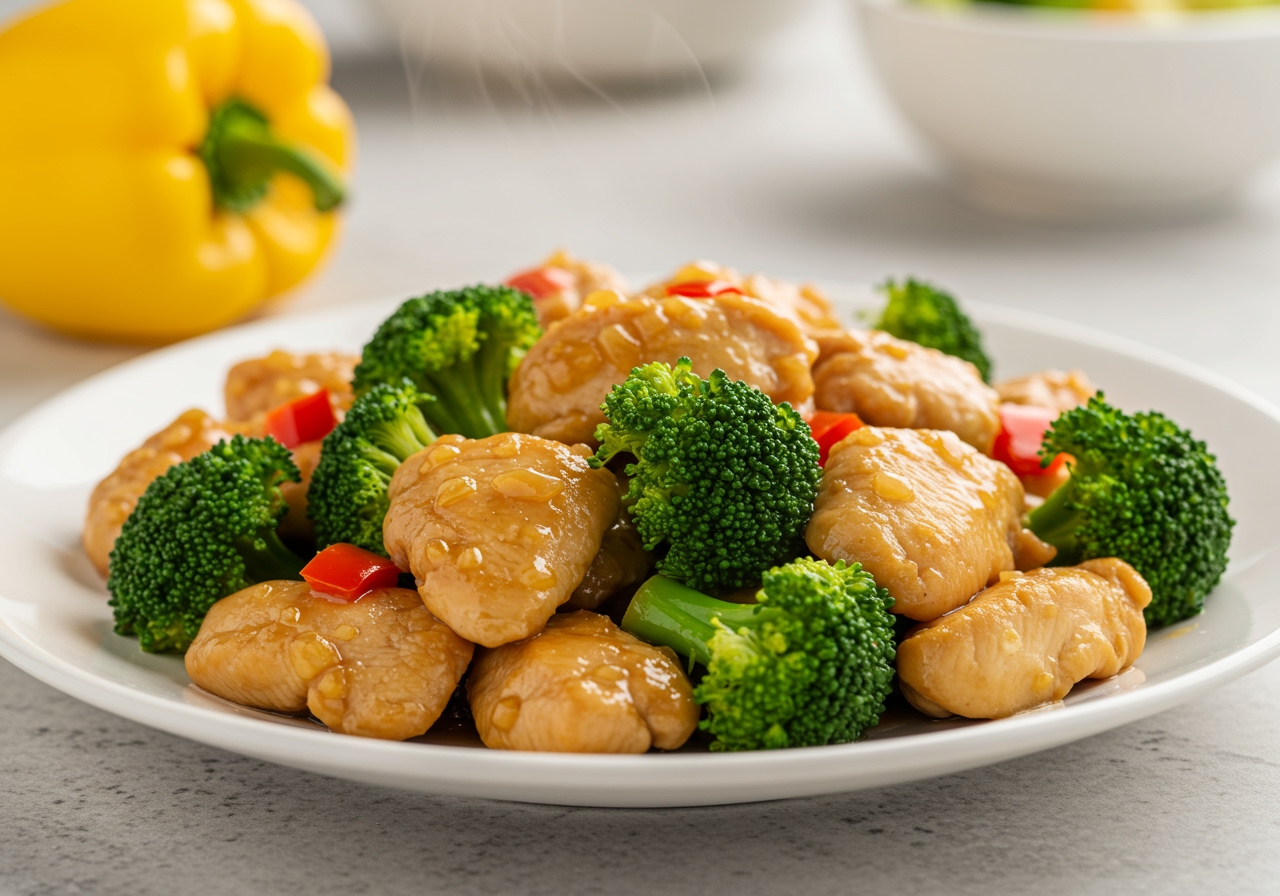 A plate of lemon garlic chicken and broccoli stir-fry, looking fresh and healthy.