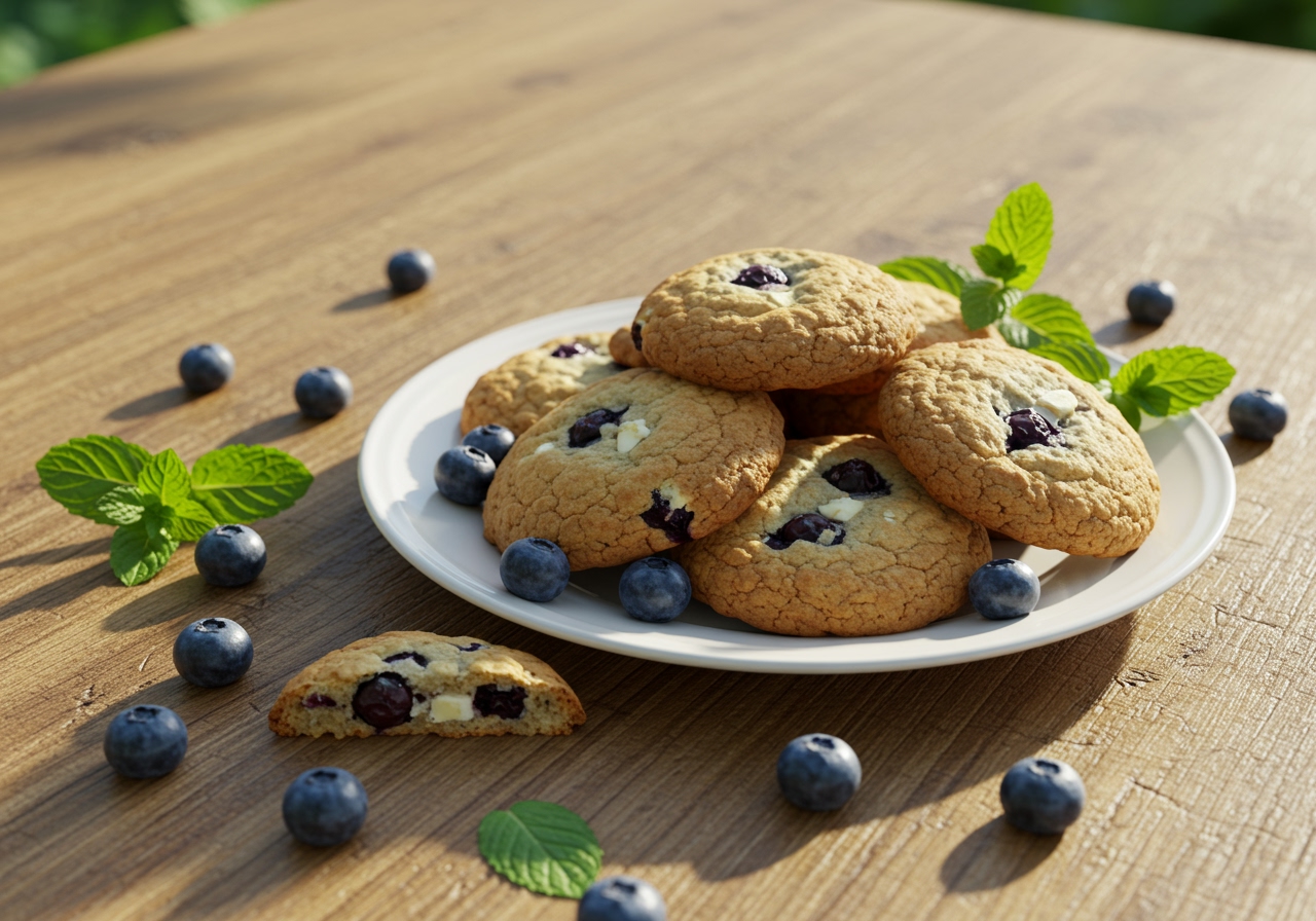 A plate of natural blueberry and white chocolate cookies with fresh blueberries around on a rustic wooden table in a bright, summery setting.