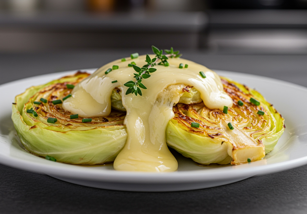 A plate of pan-fried cabbage steak with melted cheese and herbs on top