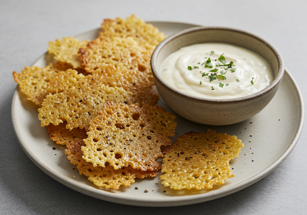 A plate of perfectly golden and crispy Parmigiano Reggiano rind crisps, some sprinkled with black pepper, next to a small bowl of dip.
