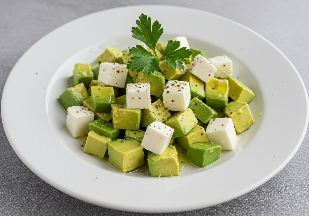 A plate of perfectly ripe, diced avocado mixed with small cubes of low-fat mozzarella cheese, drizzled with olive oil and seasoned with black pepper and a sprig of fresh parsley.
