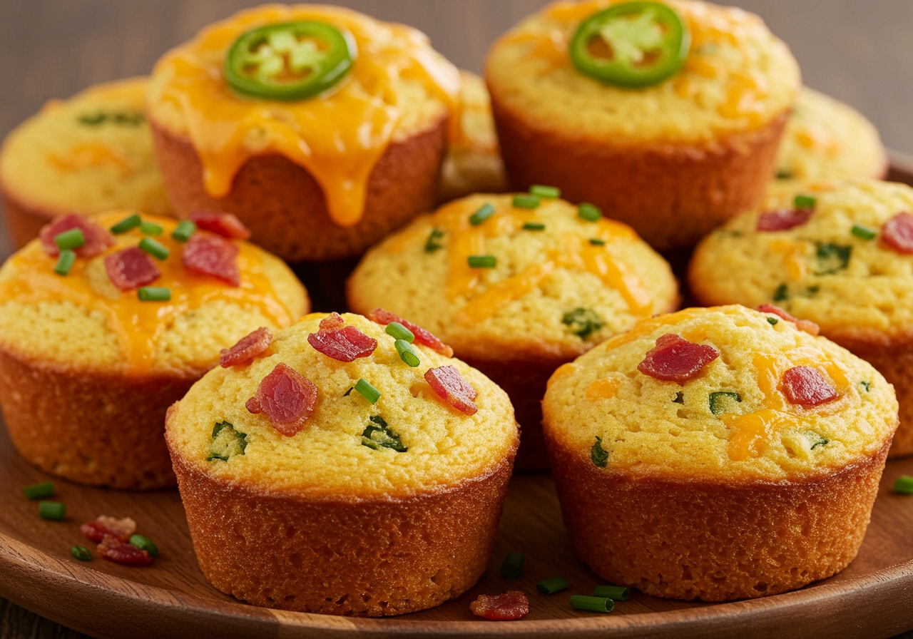 A plate of savory cornbread muffins, some topped with melted cheese and jalapeño slices, others with crispy bacon bits and chives.