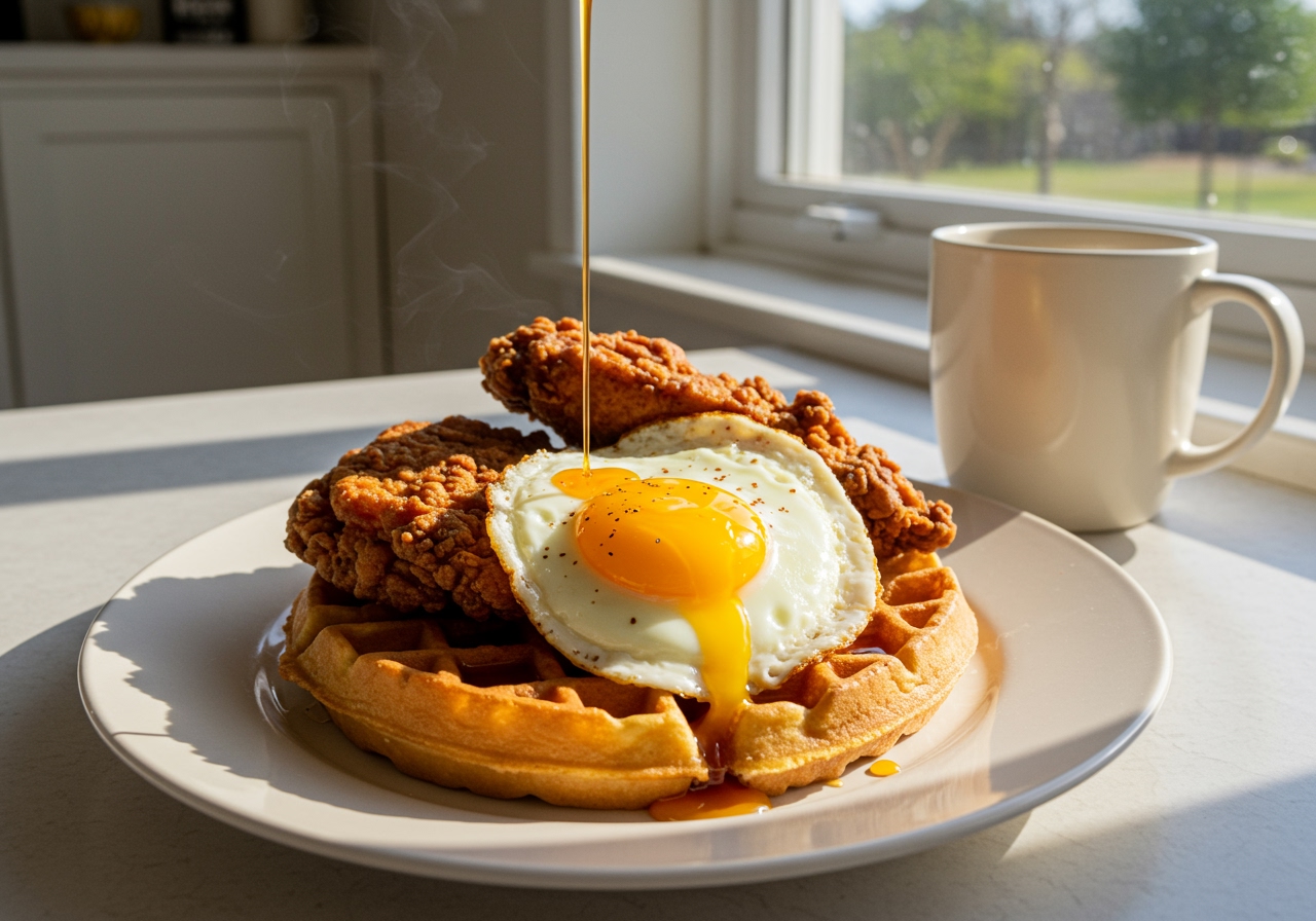 A plate of savory yeast waffles topped with fried chicken, a sunny-side-up egg, and a drizzle of spicy maple syrup. The scene is cozy and brunch-like.