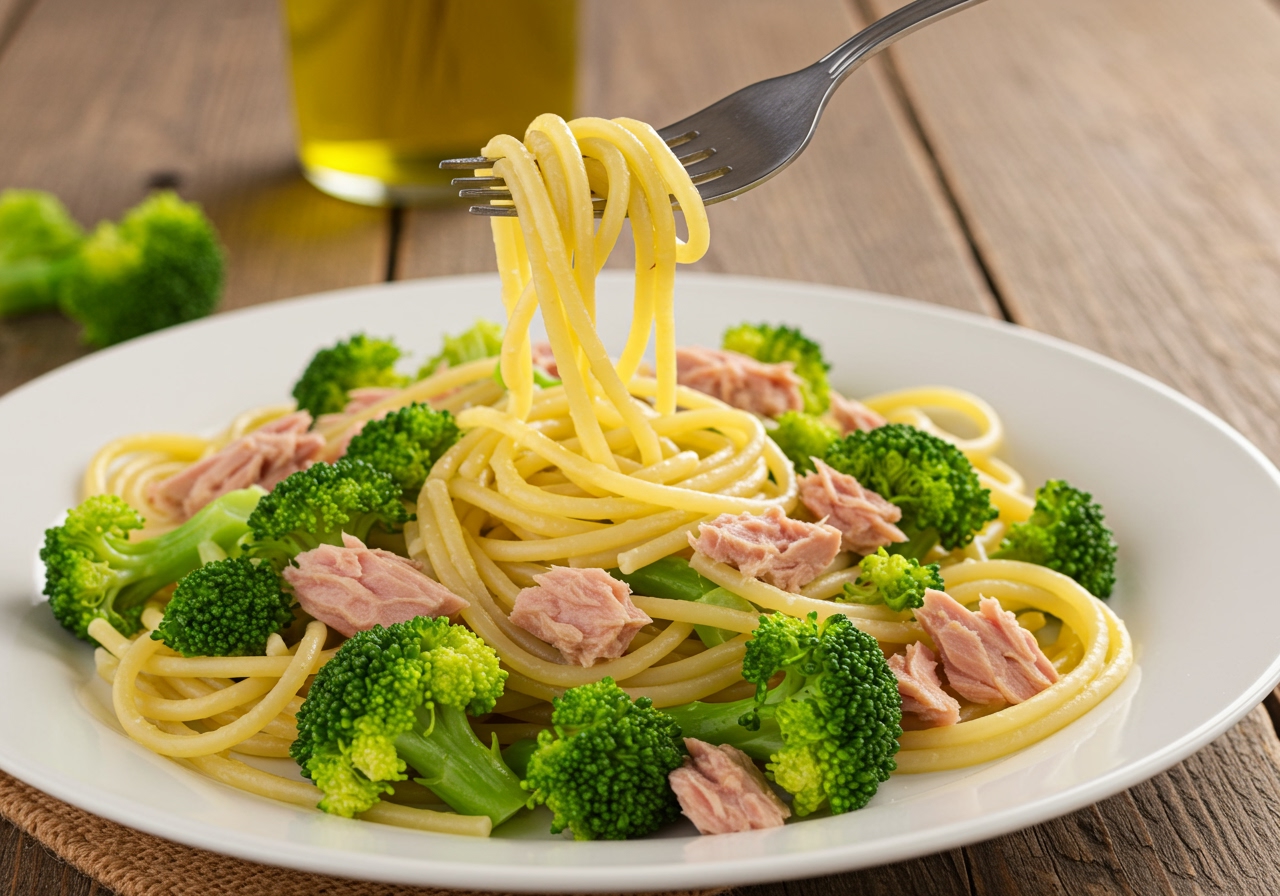 A plate of simple tuna and broccoli pasta, with a fork twirled in the pasta. The colors are fresh and appealing, showing the green broccoli florets and flakes of tuna mixed with spaghetti, lightly coated in olive oil. Background is a rustic wooden table.