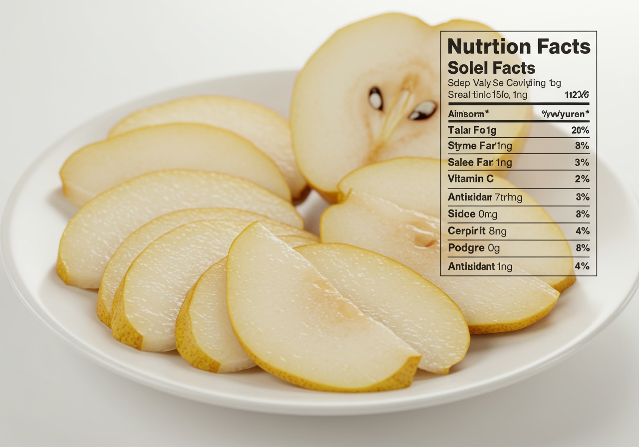 A plate of sliced, ripe pears next to a nutrition fact label, emphasizing the health benefits of pears.