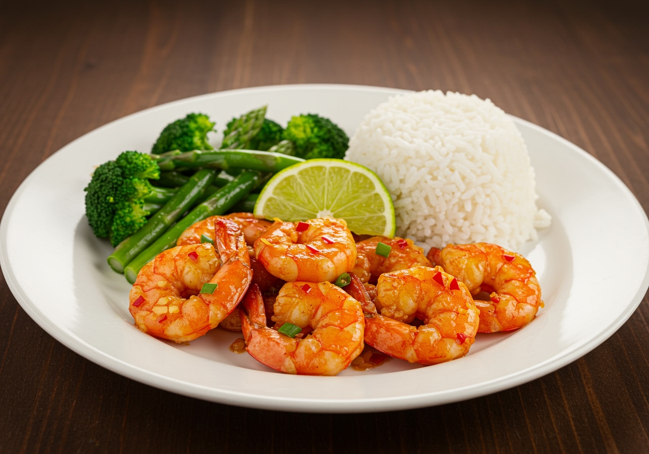 A plate of spicy chili lime shrimp served with fluffy white rice and a side of steamed green vegetables, garnished with a lime slice.