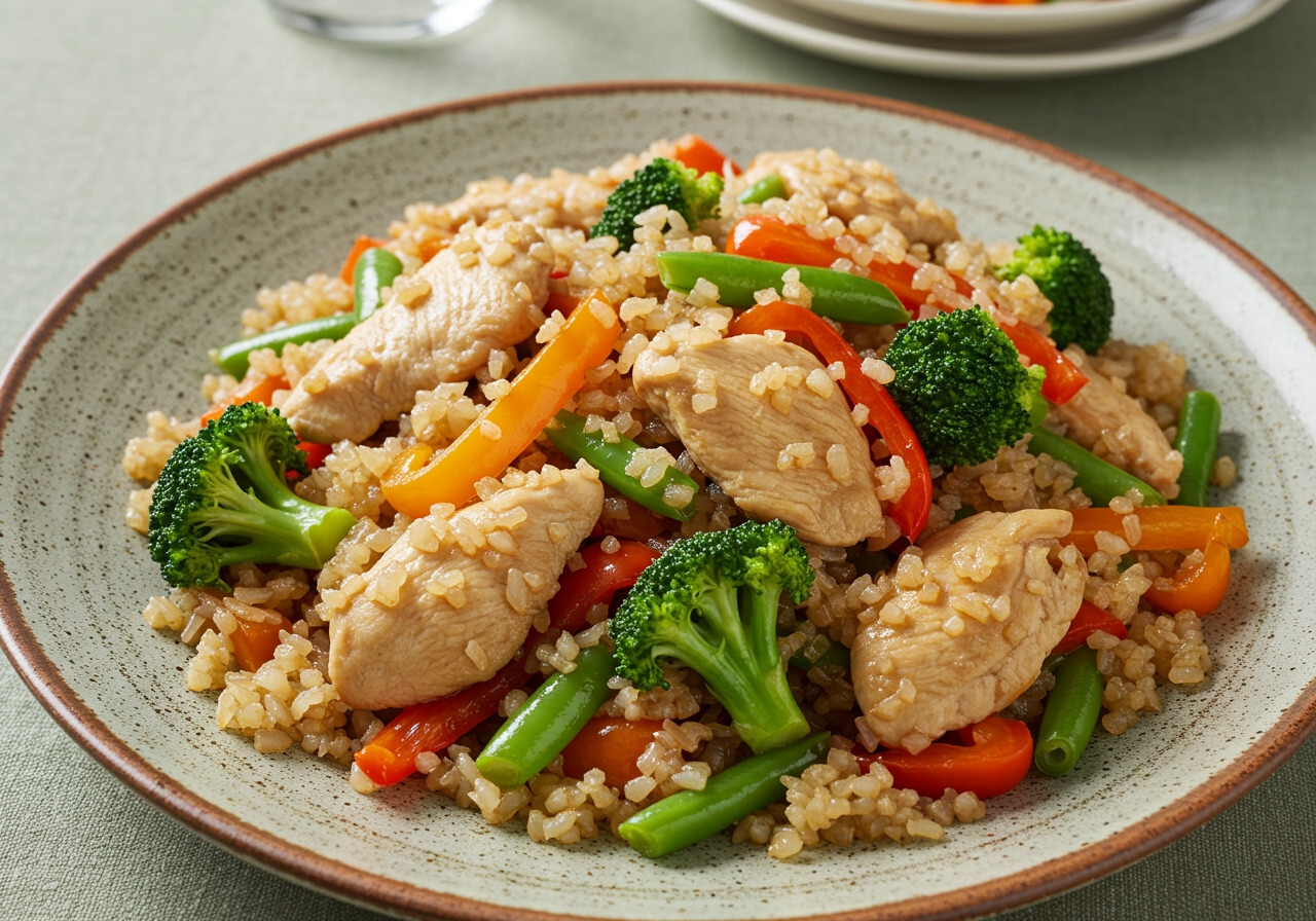 A plate of stir-fried konjac rice mixed with vegetables and chicken. The konjac rice grains should be visible and integrated into the dish.