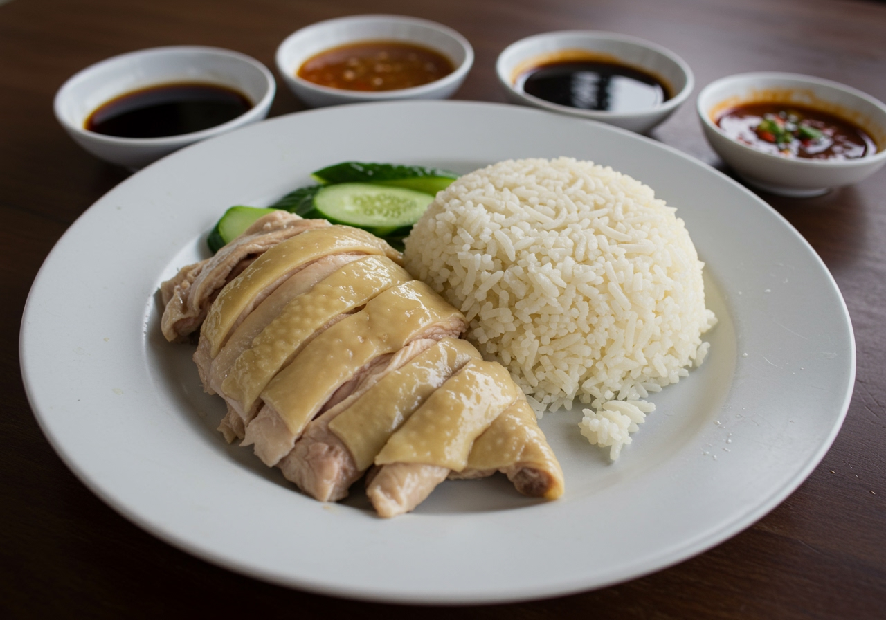 A plate of traditional warm Singapore Chicken Rice with sauces on the side.