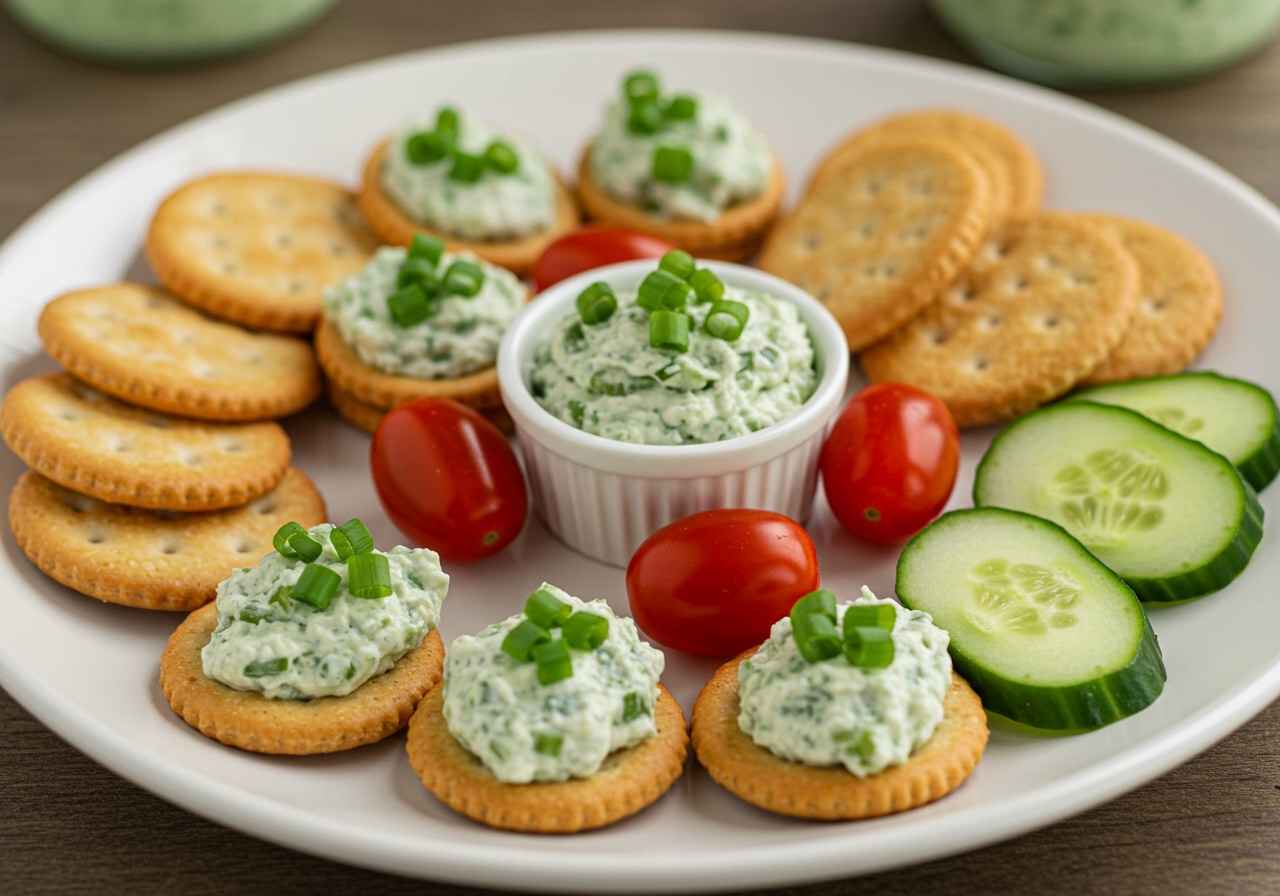 A plate of various small appetizers featuring green onion cream cheese, such as crackers with dip, mini sandwiches, and cucumber slices topped with it.