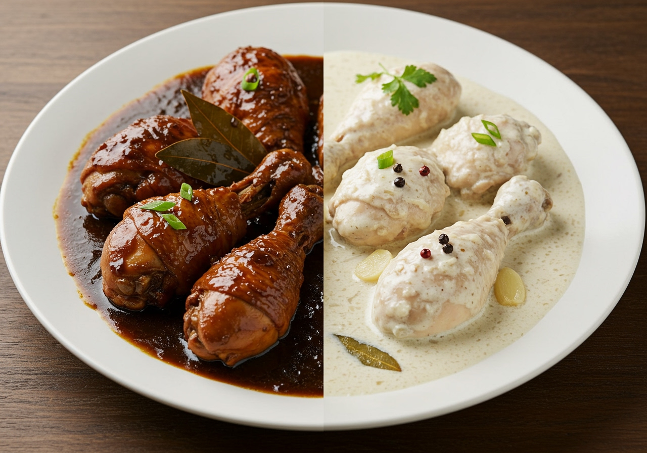 A plate showcasing two types of Adobo side-by-side: classic chicken adobo and a variation like Adobong Gata (with coconut milk) or Adobong Puti.