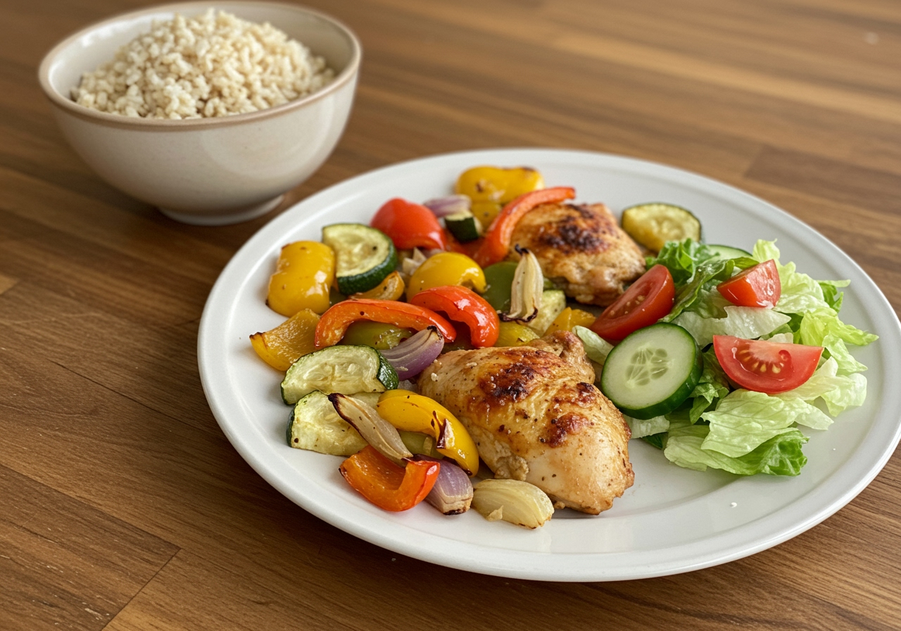 A plate showing a portion of the chicken and vegetable sheet pan meal next to a small bowl of brown rice and a fresh side salad.