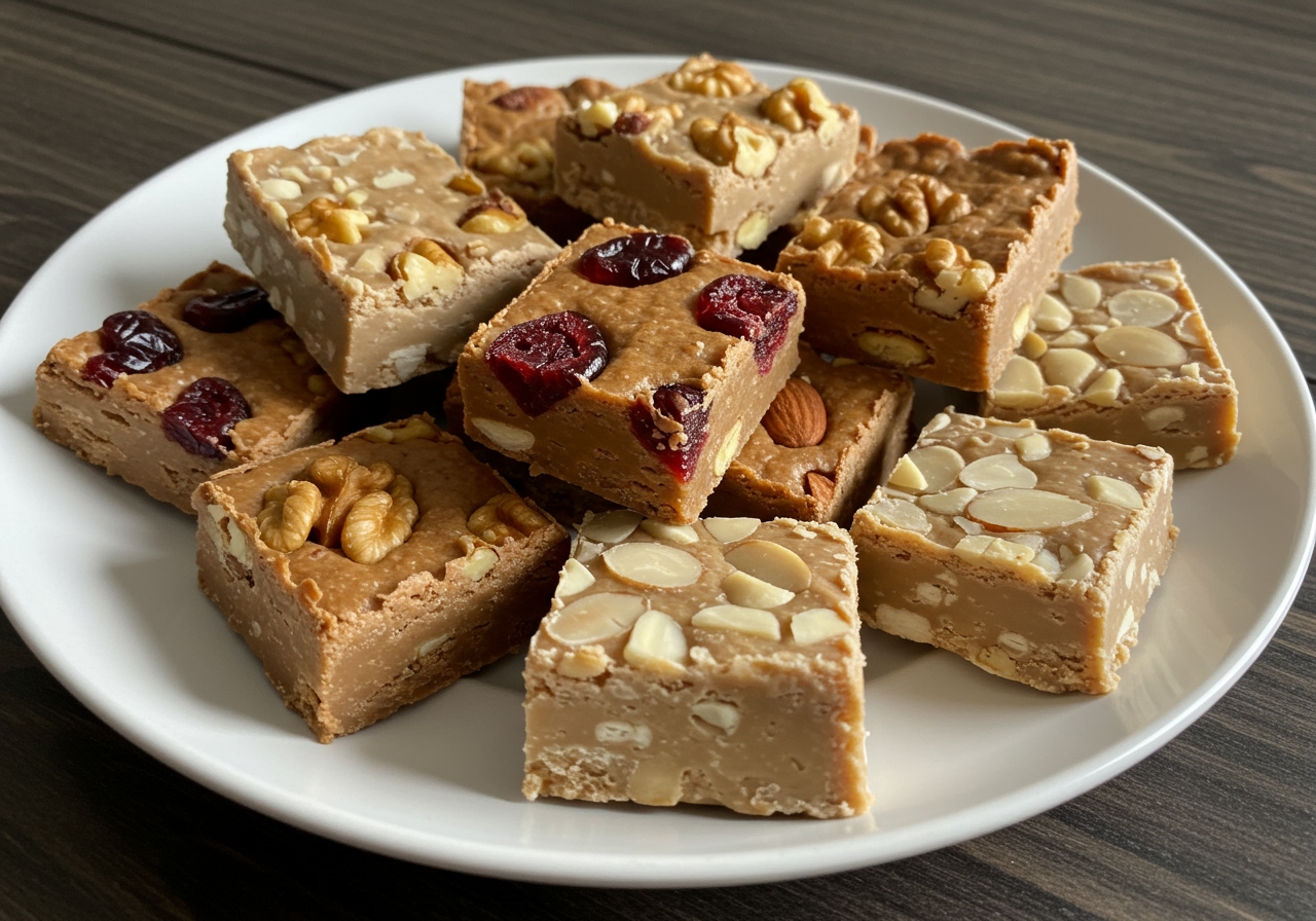 A plate showing various fudge squares with different additions like nuts, dried fruit, and perhaps a lighter colored sugar-free version