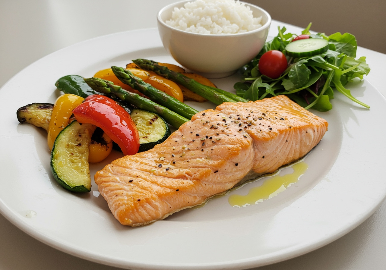 A plate with a portion of grilled fish and vegetables, perhaps served alongside a small bowl of rice or quinoa, and a side salad.