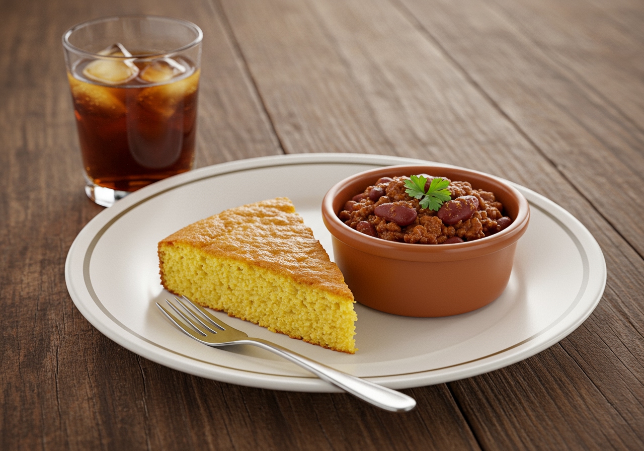 A plate with a slice of cornmeal cake, a small bowl of chili con carne next to it, and a glass of iced tea. The setting is rustic and inviting.