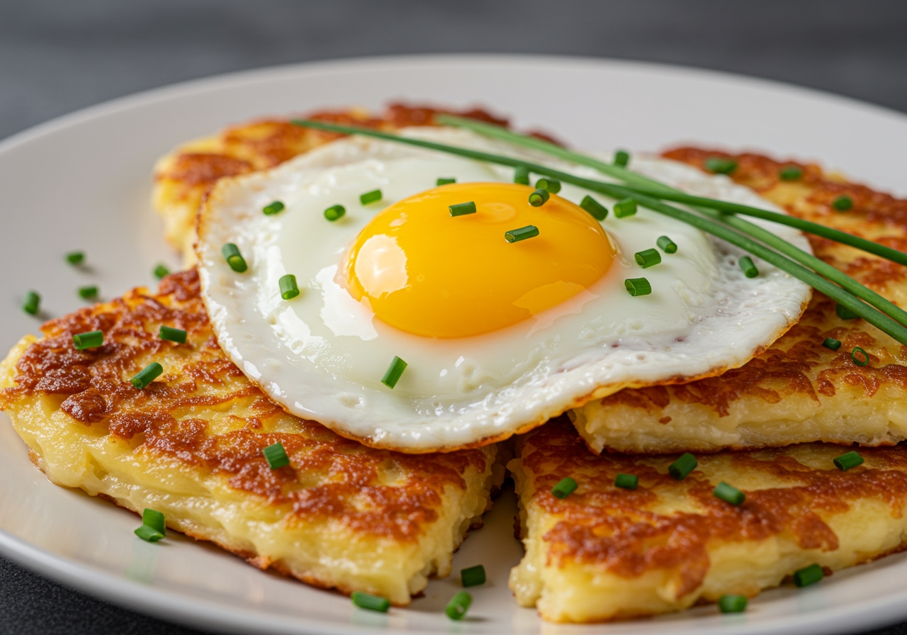 A plate with cheese rösti slices, topped with a fried egg and a sprinkle of chives.