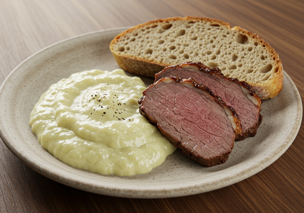 A plate with creamy kohlrabi served alongside a piece of roasted meat and a slice of rustic bread