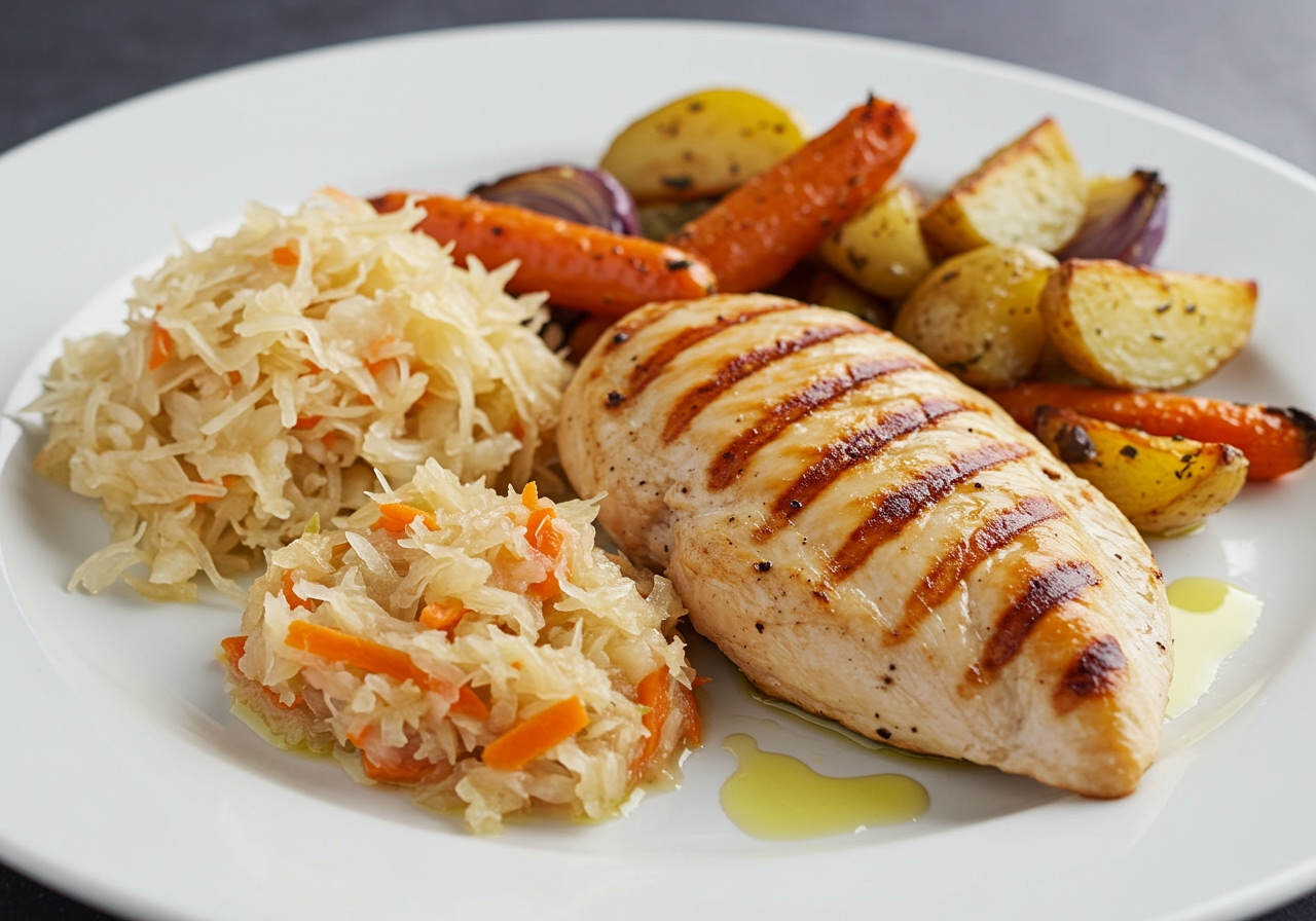 A plate with grilled chicken breast, a side of vibrant healthy sauerkraut, and some roasted vegetables.