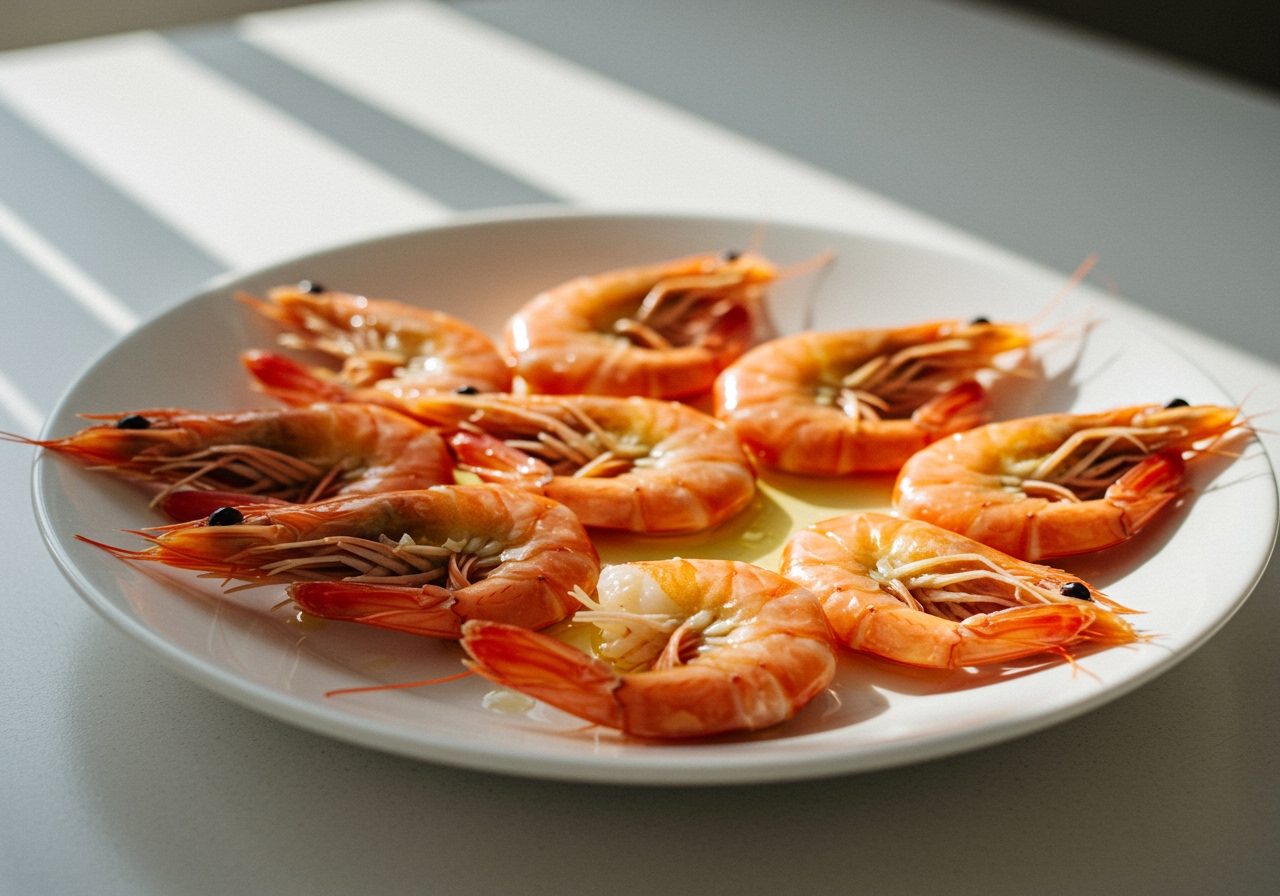 A plate with several boiled shrimp arranged, ready to be served or used in a dish.