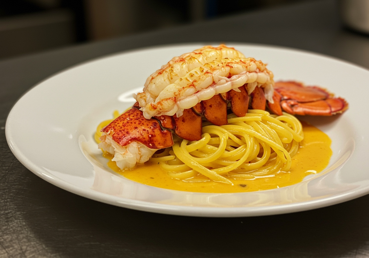 A plated dish of lobster tail served with pasta and a creamy sauce.