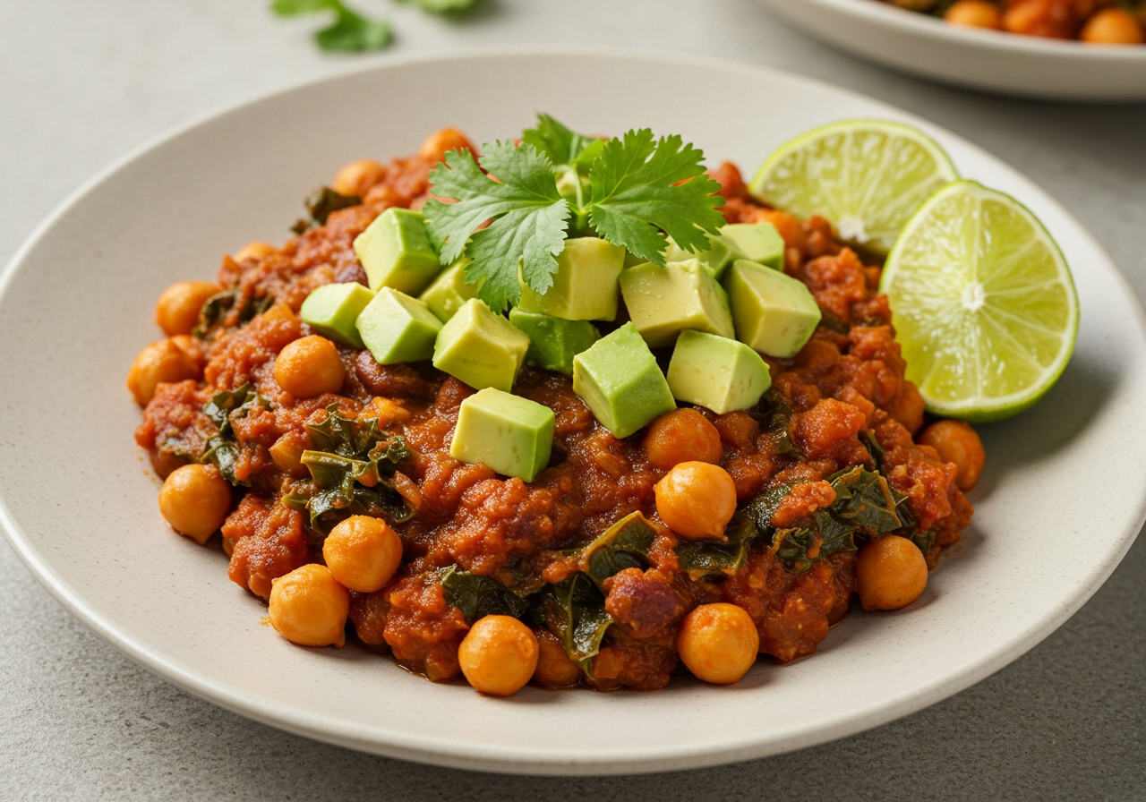 A plated serving of the vegan chickpea and kale chili, topped with fresh cilantro, diced avocado, and a lime wedge, ready to be eaten.