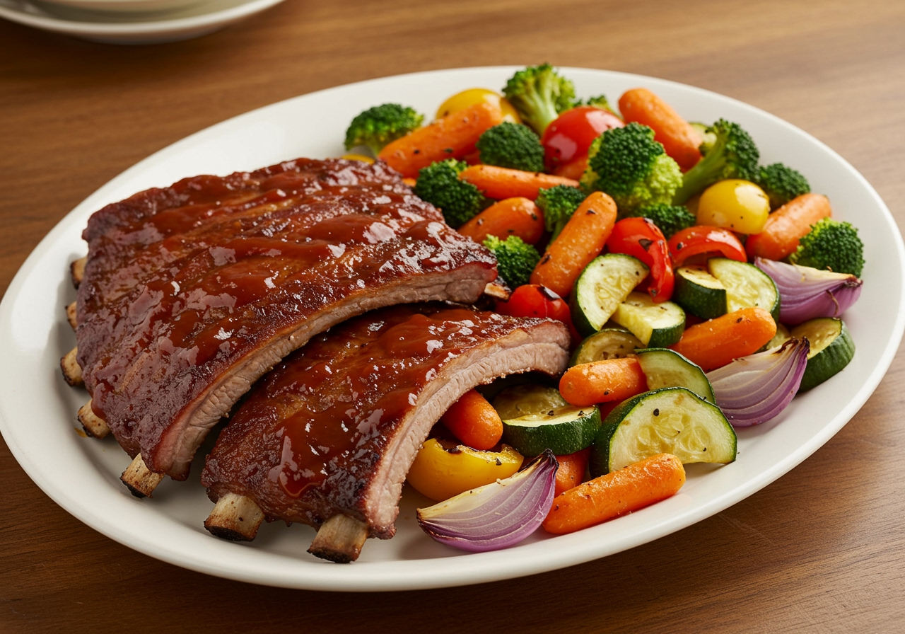 A platter of healthy oven BBQ ribs served with a side of roasted vegetables.