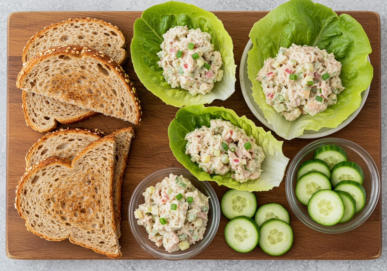 A platter with various servings of tuna salad: one on whole wheat toast, another in a lettuce cup, and a small bowl of it alongside cucumber slices, showcasing its versatility.