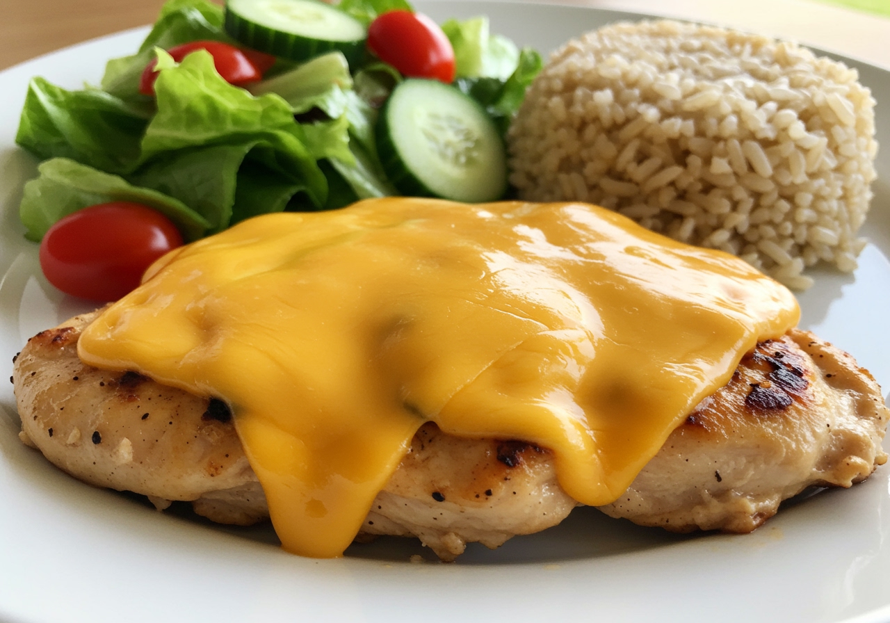 A portion of cheese chicken served with a fresh green salad and brown rice, illustrating a healthier option.