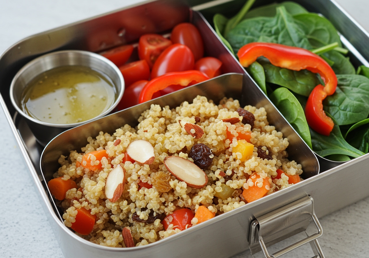 A portion of Quinoa and Almond Pilaf packed into a lunch box with some salad