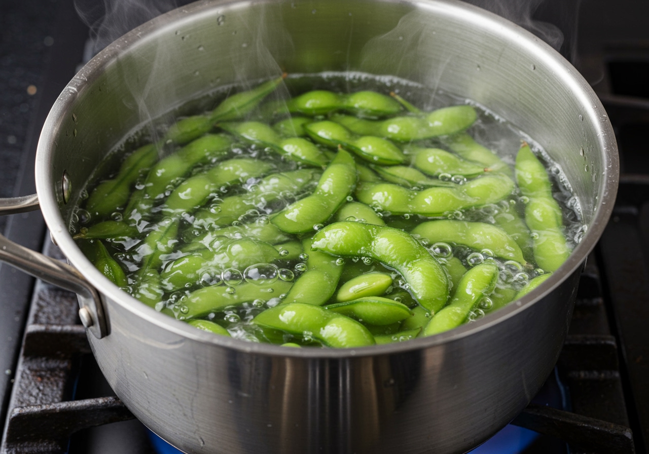 A pot of boiling water with edamame pods inside.