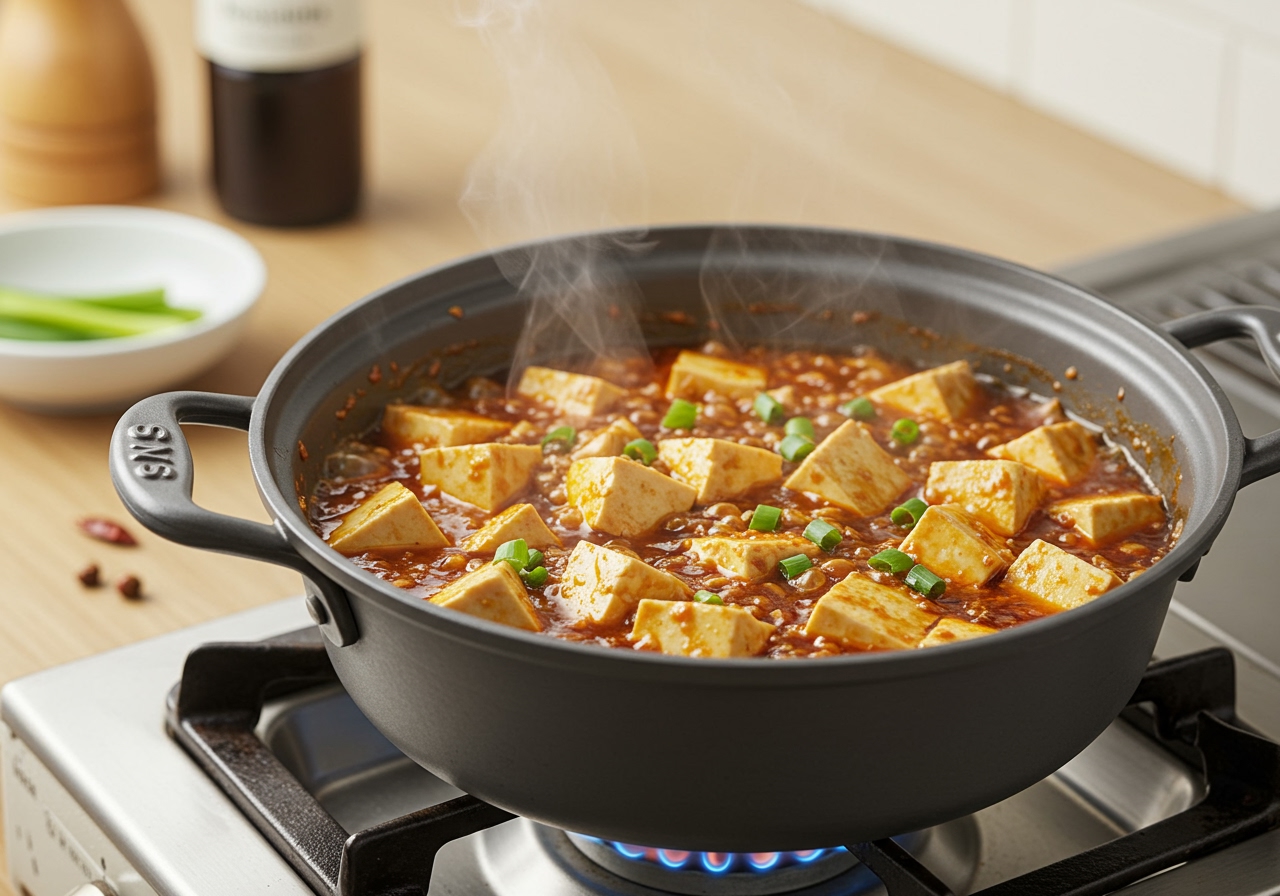 A pot of freshly made easy mapo tofu bubbling gently on a stove.