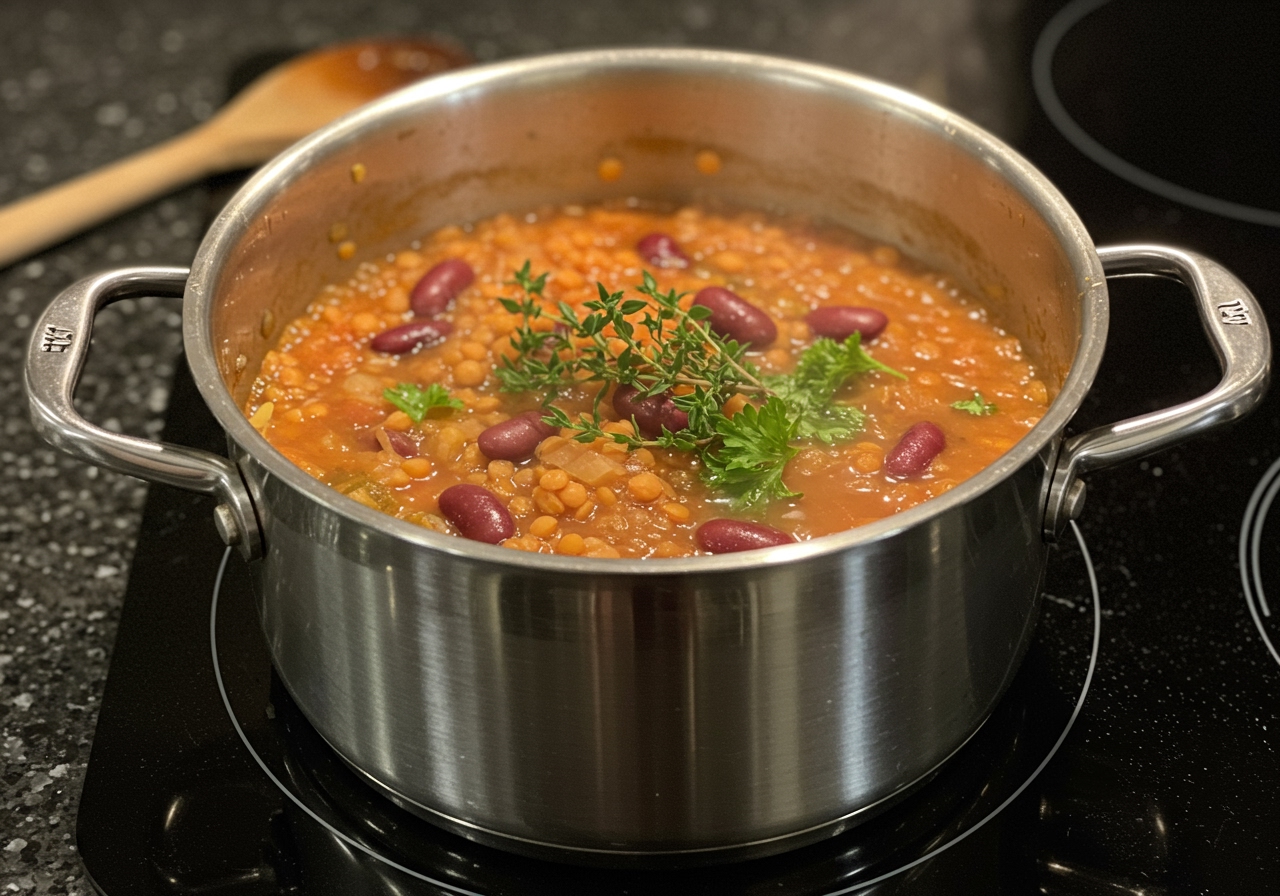 A pot on a stove, simmering a vibrant red soup with visible beans and herbs. Steam is gently rising.