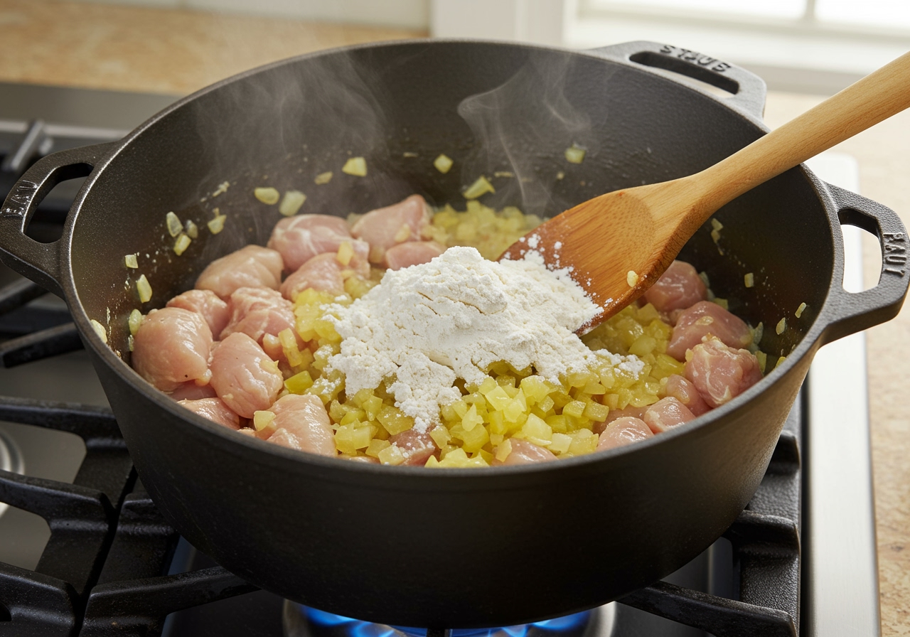 A pot on a stove with chicken, onions, and flour being stirred with a wooden spoon, showing the process of making the roux.
