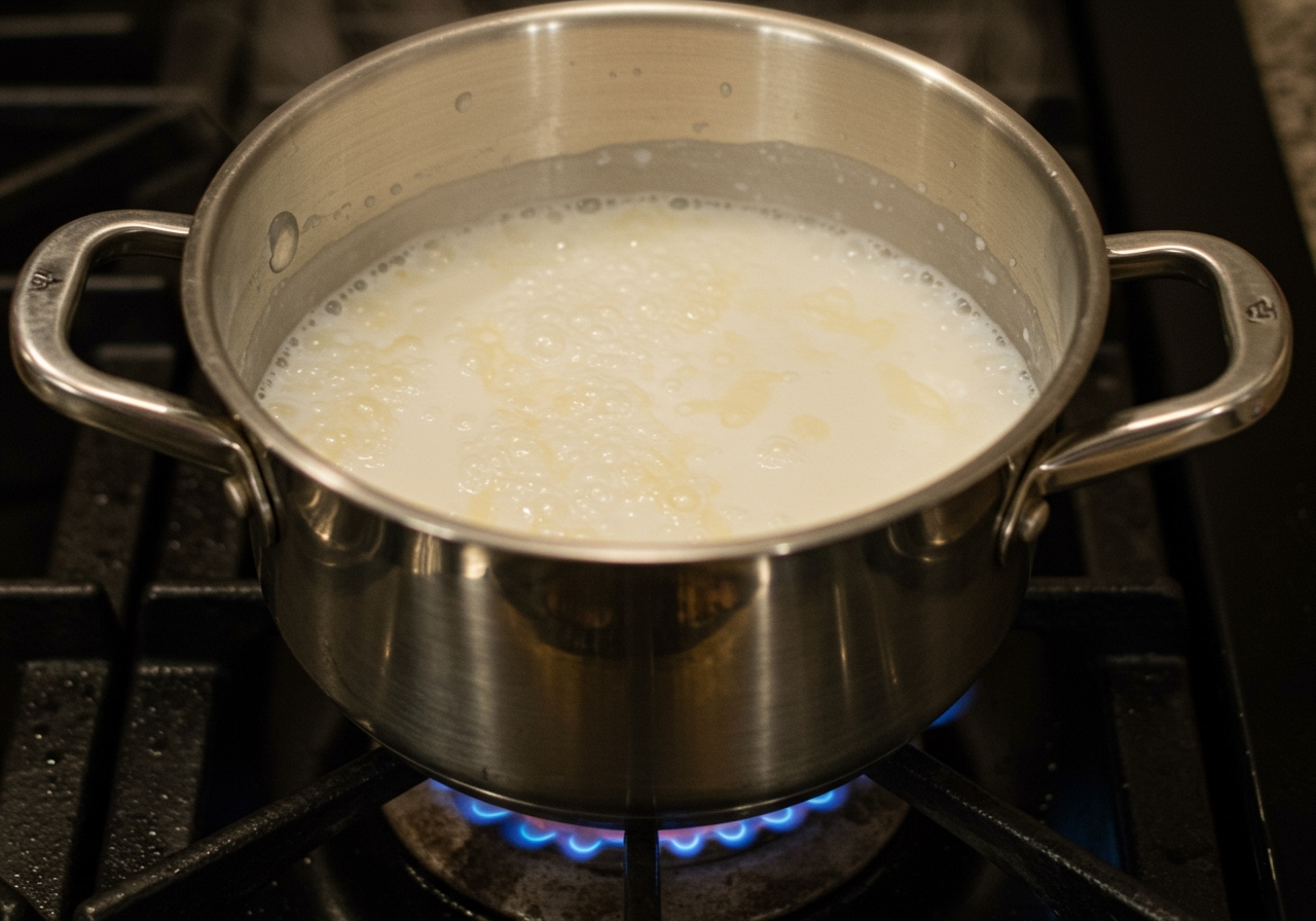 A pot on a stove with full-fat milk simmering gently, showing a slight reduction in volume and a thicker consistency.